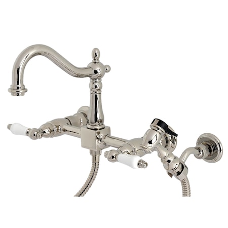 Kingston Brass Heritage Wall Mount Bridge Kitchen Faucet W/Brass Sprayer, Nickel KS1266PLBS